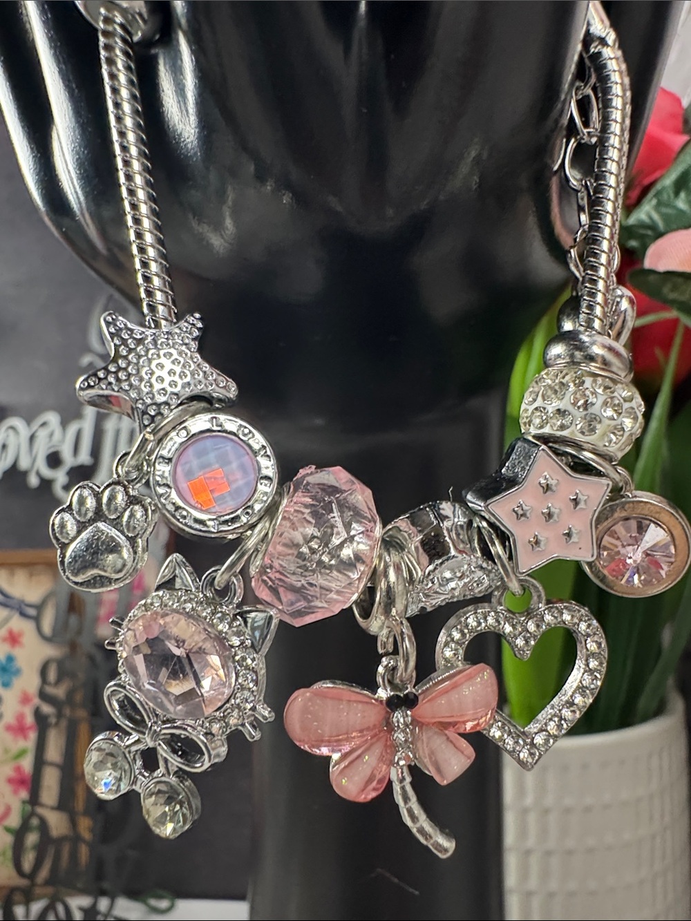 Pink Dragonfly & Heart Charm Bracelet - Women Jewelry